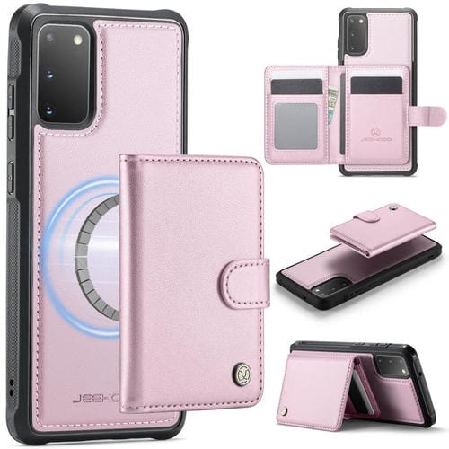 Funda de cuero con hebilla magnética para Samsung Galaxy S20 JEEHOOD J09, con ranuras para tarjetas, estilo RFID y MagSafe (rosa)