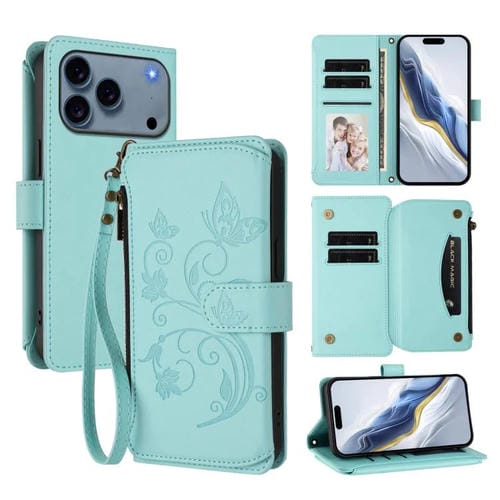 Funda de cuero con cremallera para iPhone 17 Pro, diseño de mariposas, flores y amor (verde menta)