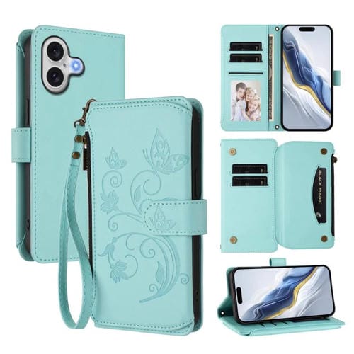Funda de cuero con cremallera para iPhone 17, diseño de mariposas, flores y amor (verde menta)