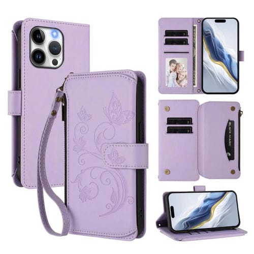 Funda de cuero con cremallera para iPhone 15 Pro Max, diseño de mariposas, flores y amor (morado claro)