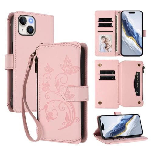 Funda de cuero con cremallera para iPhone 15 Plus, diseño de mariposas, flores y amor (rosa)