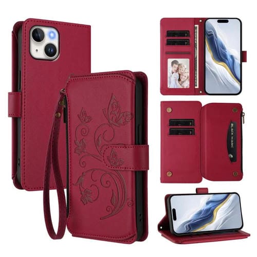 Funda de cuero con cremallera para iPhone 14/13, diseño de mariposas, flores y amor (rojo vino)