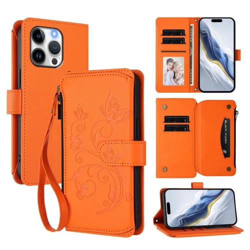 Funda de cuero con cremallera para iPhone 14 Pro Max, diseño de mariposas, flores y amor, con múltiples tarjetas (naranja)
