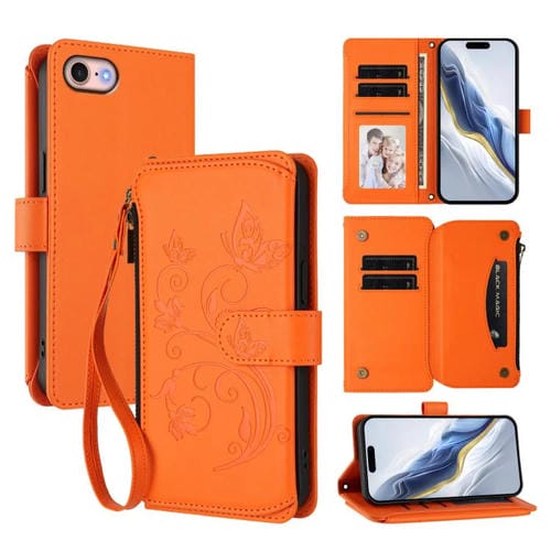Funda de cuero con cremallera para iPhone 7/8/SE 2022, diseño de mariposas, flores y amor (naranja)
