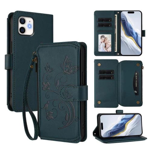Funda de cuero con cremallera para iPhone 12/12 Pro, diseño de mariposas, flores y amor, con múltiples tarjetas (verde oscuro)