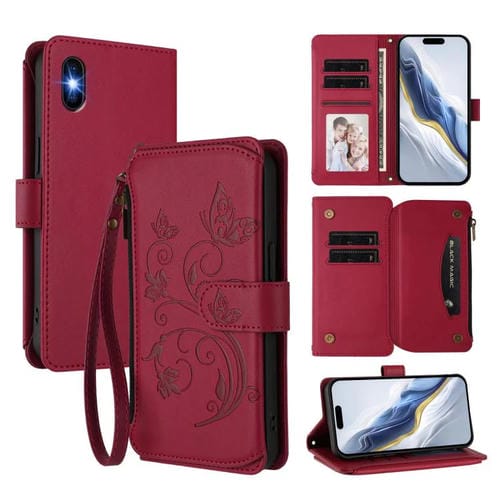 Funda de cuero con cremallera para iPhone X/XS, diseño de mariposas, flores y amor (rojo vino)