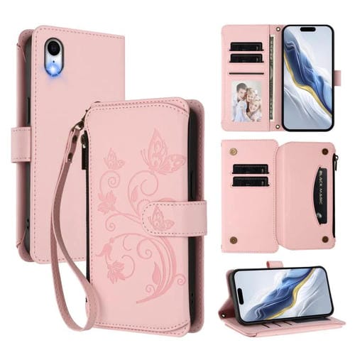 Funda de cuero con cremallera para iPhone XR, diseño de mariposas, flores y amor, con múltiples tarjetas (rosa)