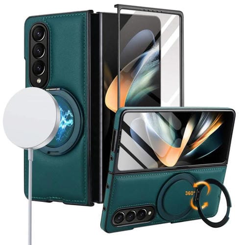 Funda de cuero plegable con soporte giratorio y película MagSafe integrada para Samsung Galaxy Z Fold4 (verde)