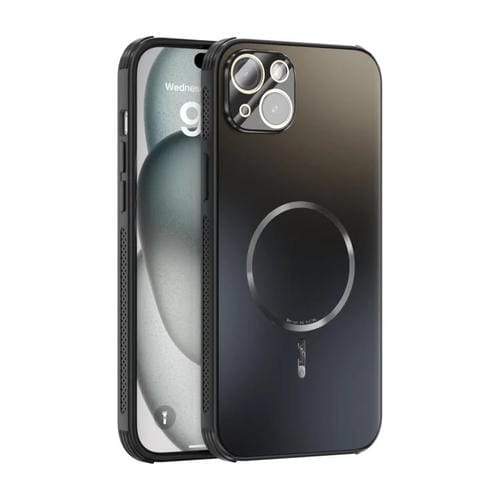Funda ABEEL MagSafe esmerilada con disipación de calor y película para lente para iPhone 15 Plus (negra)