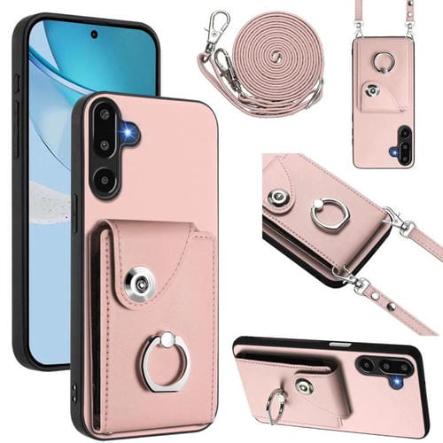 Funda para Samsung Galaxy M16 5G / F16 5G con tarjetero, anilla y cordón largo (rosa)