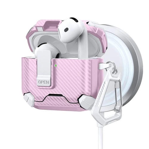Estuche magnético MagSafe de dos colores con diseño de fibra de carbono para AirPods 4 (blanco y rosa)