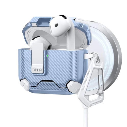 Estuche magnético MagSafe de dos colores con diseño de fibra de carbono para AirPods 4 (blanco y azul claro)