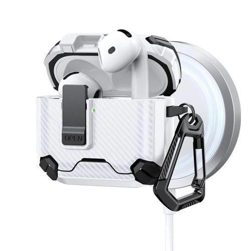 Estuche magnético MagSafe de dos colores con diseño de fibra de carbono para AirPods 4 (negro y blanco)