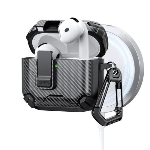 Estuche magnético MagSafe de dos colores con diseño de fibra de carbono para AirPods 4 (negro)