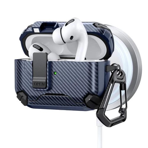 Estuche magnético MagSafe de dos colores con diseño de fibra de carbono para AirPods Pro 2 (negro y azul oscuro)