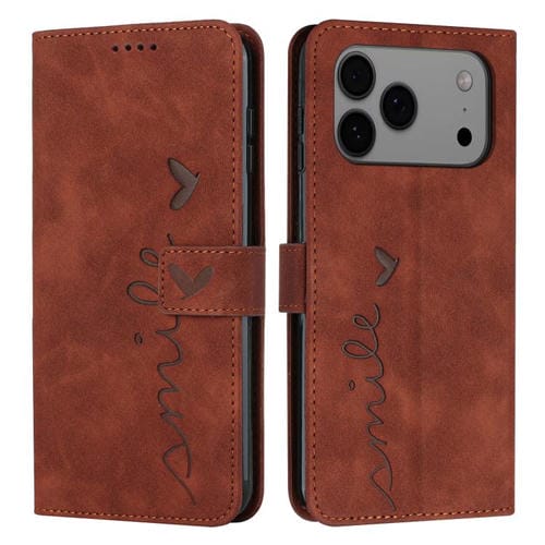 Funda de piel con relieve de corazón para iPhone 17 Pro Max con cordón largo (marrón)