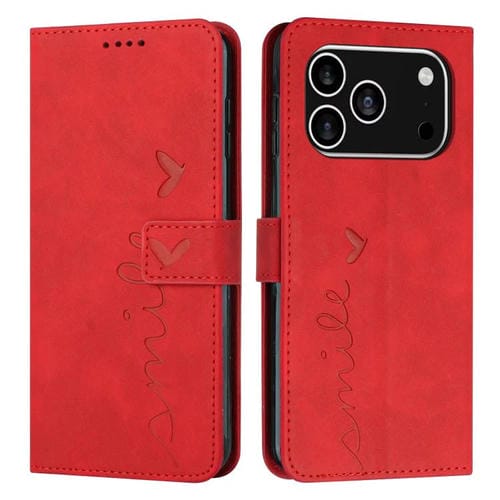 Funda de piel con relieve de corazón para iPhone 17 Pro con cordón largo (roja)