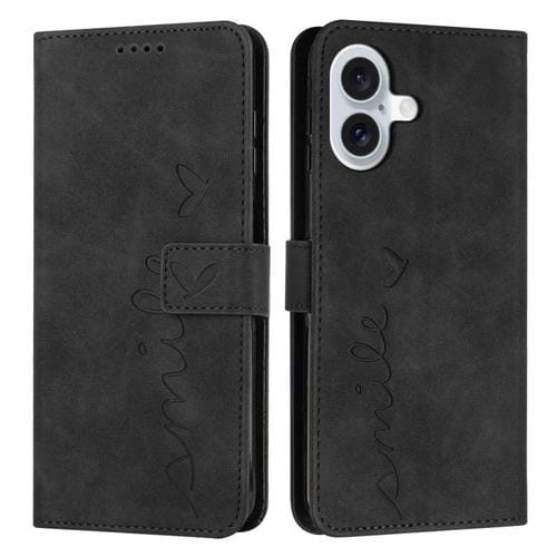 Funda de piel con relieve de corazón para iPhone 17 con cordón largo (negra)