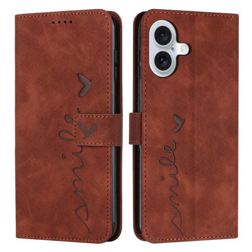 Funda de piel con relieve de corazón para iPhone 17 con cordón largo (marrón)