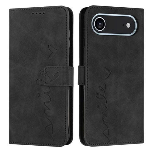 Funda de piel con relieve de corazón y cordón largo para iPhone 17 Air Skin Feel (negra)
