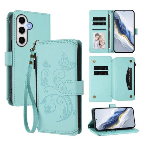 Funda de cuero con cremallera para Samsung Galaxy S23 FE 5G, diseño de mariposas, flores y amor, con múltiples tarjetas (verde menta)