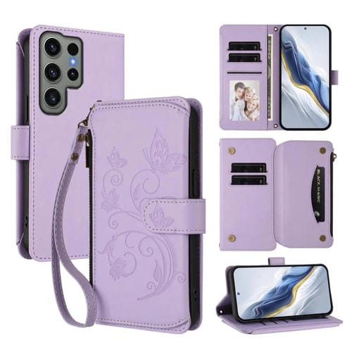 Funda de cuero con cremallera para Samsung Galaxy S23 Ultra 5G, diseño de mariposas, flores y amor, con múltiples tarjetas (morado claro)