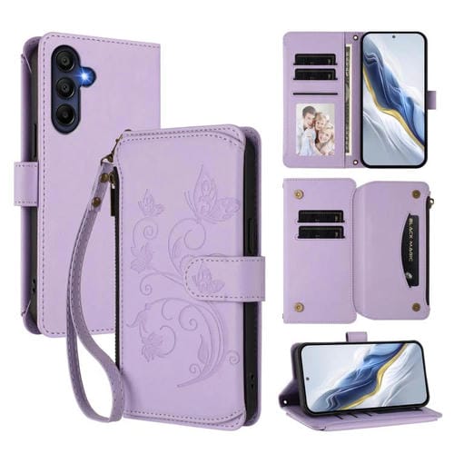 Funda de cuero con cremallera para Samsung Galaxy A16 4G/5G, diseño de mariposas, flores y amor, con múltiples tarjetas (morado claro)