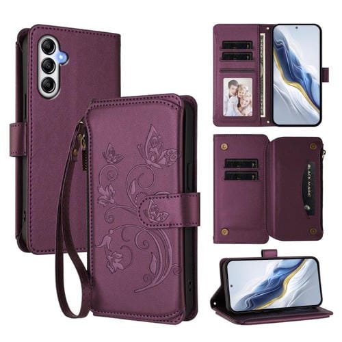 Funda de cuero con cremallera para Samsung Galaxy A34 5G, diseño de mariposas, flores y amor, con mĂșltiples tarjetas (morado oscuro)
