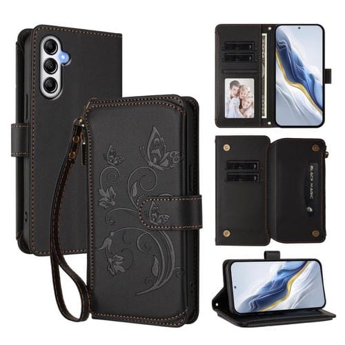 Funda de cuero con cremallera para Samsung Galaxy A35 5G, diseño de mariposas, flores y múltiples tarjetas (negro)