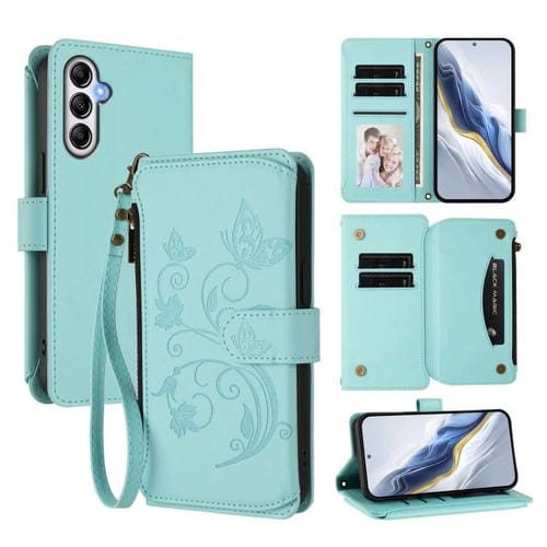 Funda de cuero con cremallera para Samsung Galaxy A35 5G, diseño de mariposas, flores y amor, con múltiples tarjetas (verde menta)