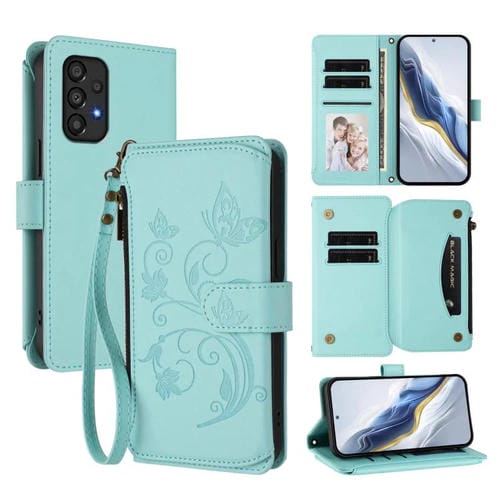 Funda de cuero con cremallera para Samsung Galaxy A53 5G, diseño de mariposas, flores y amor, con múltiples tarjetas (verde menta)