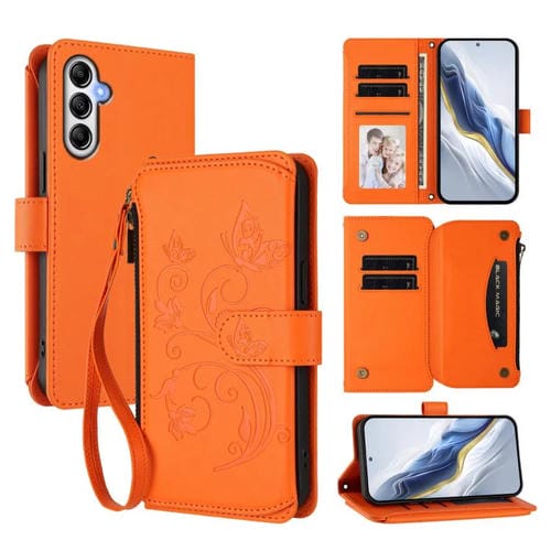 Funda de cuero con cremallera para Samsung Galaxy A54 5G, diseño de mariposas, flores y amor, con mĂșltiples tarjetas (naranja)