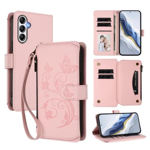 Funda de cuero con cremallera para Samsung Galaxy A55 5G, diseño de mariposas, flores y amor, con múltiples tarjetas (rosa)