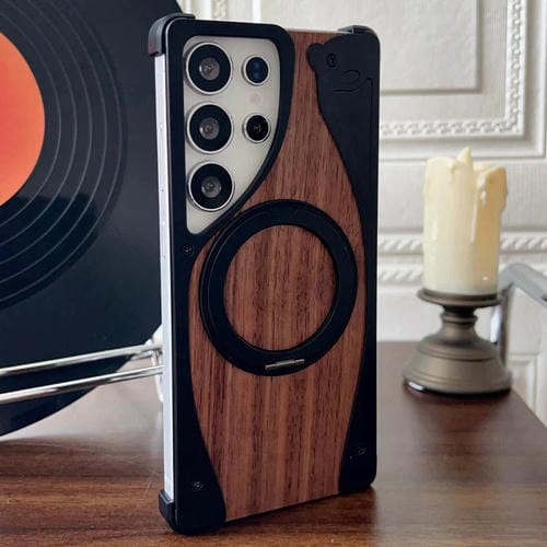 Funda de metal sin marco para Samsung Galaxy S24 Ultra 5G, color nogal, con rotación de 360 grados y soporte MagSafe (negro)