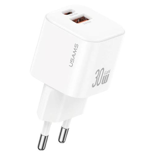 Cargador mini rápido USAMS CC263 de 30 W GaN USB-C/Tipo-C, con dos puertos USB, enchufe UE (blanco)