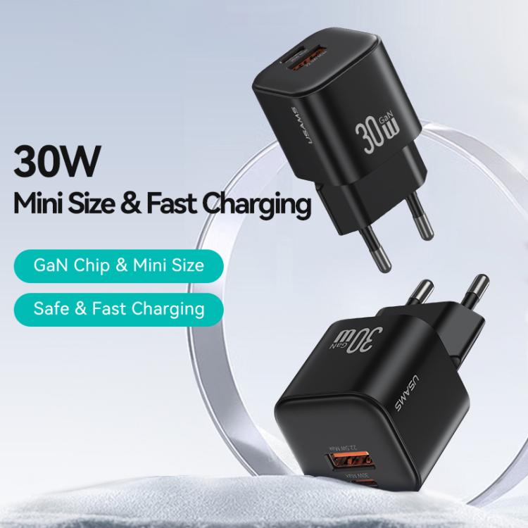 Cargador mini rápido USAMS CC263 de 30 W GaN USB-C/Tipo-C, con dos puertos USB, enchufe UE (blanco)