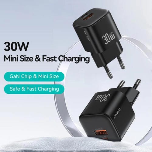 Cargador mini rápido USAMS CC263 de 30 W GaN USB-C/Tipo-C, con dos puertos USB, enchufe UE (negro)