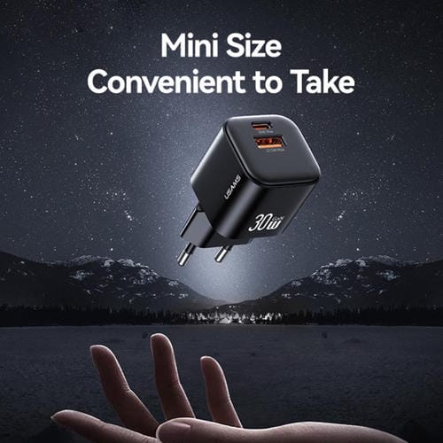 Cargador mini rápido USAMS CC263 de 30 W GaN USB-C/Tipo-C, con dos puertos USB, enchufe UE (negro)