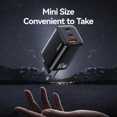 Cargador mini rápido USAMS CC265 de 67 W GaN, 2 puertos USB tipo C, con triple puerto, enchufe UE (blanco)
