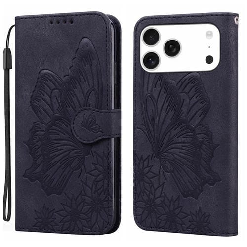 Funda de cuero con tapa horizontal y diseño de mariposas en relieve retro para iPhone 17 Pro Max (negra)