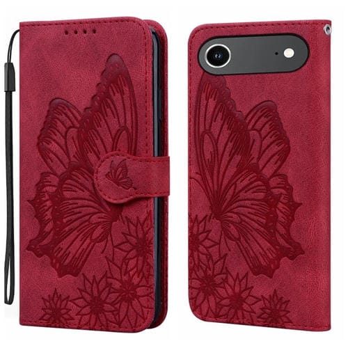 Funda de cuero con tapa horizontal y diseño retro de mariposas en relieve para iPhone 17 Air (roja)