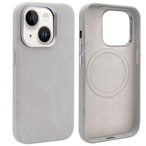 Funda VIETAO de cuero sintético con textura vaquera retro MagSafe para iPhone 15 (gris plateado)