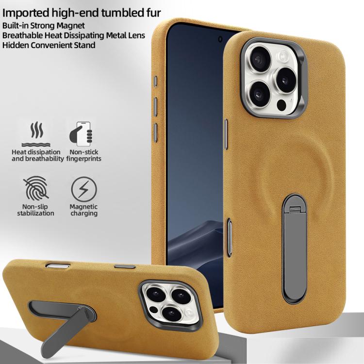 Funda VIETAO de piel sintética MagSafe de gamuza con soporte para iPhone 15 (marrón claro)