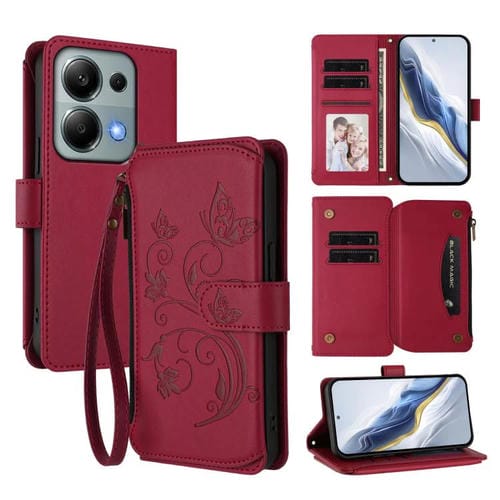 Funda de cuero con cremallera para Redmi Note 14S 4G / Note 13 Pro 4G, diseño de mariposas, flores y múltiples tarjetas (rojo vino)