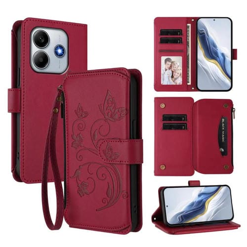 Funda de cuero con cremallera para Redmi Note 14 4G (163,25 mm), diseño de mariposas y flores (rojo vino)