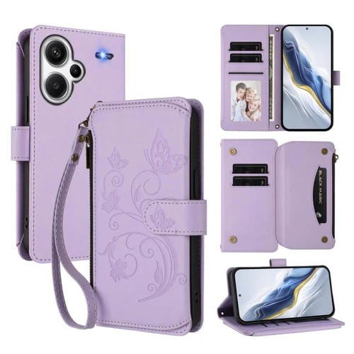 Funda de cuero con cremallera para Redmi Note 13 Pro+, diseño de mariposas, flores y mĂșltiples tarjetas (morado claro)