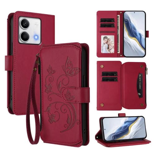 Funda de cuero con cremallera para Redmi Note 13 5G, diseño de mariposas, flores y mariposas (rojo vino)