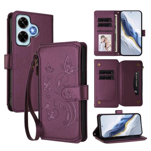 Funda de cuero con cremallera para Redmi Note 13 4G, diseño de mariposas, flores y múltiples tarjetas (morado oscuro)