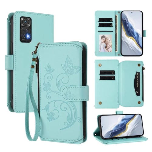 Funda de cuero con cremallera para Redmi Note 12S / Redmi Note 11S 4G, diseño de mariposas, flores y mĂșltiples tarjetas (verde menta)