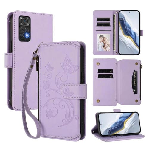 Funda de cuero con cremallera para Redmi Note 12S / Redmi Note 11S 4G, diseño de mariposas, flores y mariposas (morado claro)